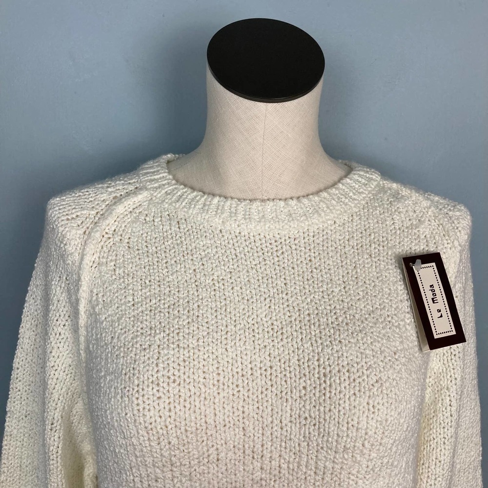 VINTAGE 80s NWT Le Moda Chunky Knit Crewneck Sweater Women's Size L Cream Raglan - Picture 2 of 10